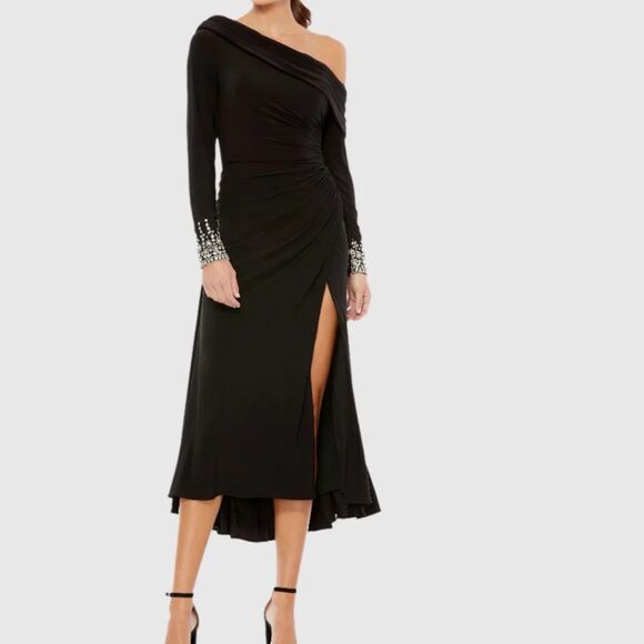 Mac Duggal 26485 Asymmetrical Black‎ Midi Dress Slit NWT $398 - Picture 2 of 5